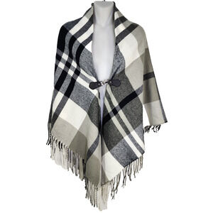 Chirstopher Banks Poncho Cape Women One Size Plaid Black Gray Fringes Wrap Clasp